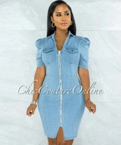 Vendor-unknown Manville Light Denim Puffy Sleeves Dress