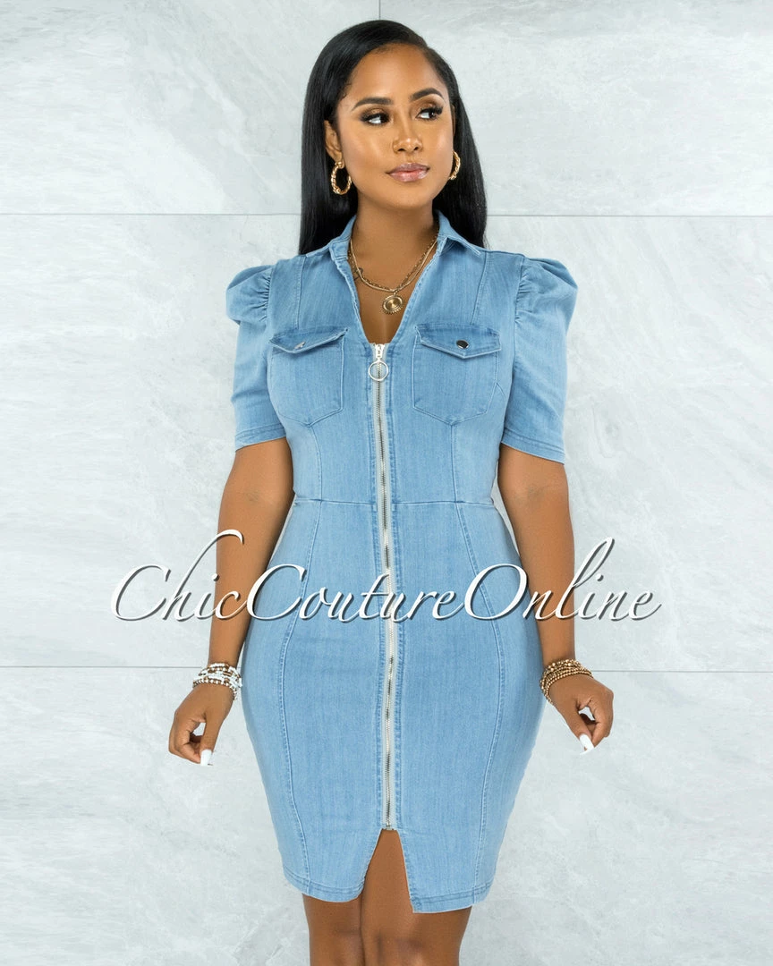 Vendor-unknown Manville Light Denim Puffy Sleeves Dress