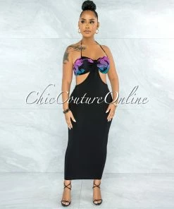 Vendor-unknown Dolph Black Multi-Color Print Top Cut-Out Midi Dress JUST IN