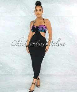 Vendor-unknown Dolph Black Multi-Color Print Top Cut-Out Midi Dress JUST IN