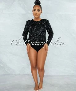 Vendor-unknown Laureen Black Sequins Padded Shoulders Bodysuit JUST IN
