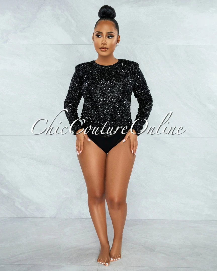 Vendor-unknown Laureen Black Sequins Padded Shoulders Bodysuit JUST IN