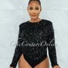 Vendor-unknown Laureen Black Sequins Padded Shoulders Bodysuit JUST IN