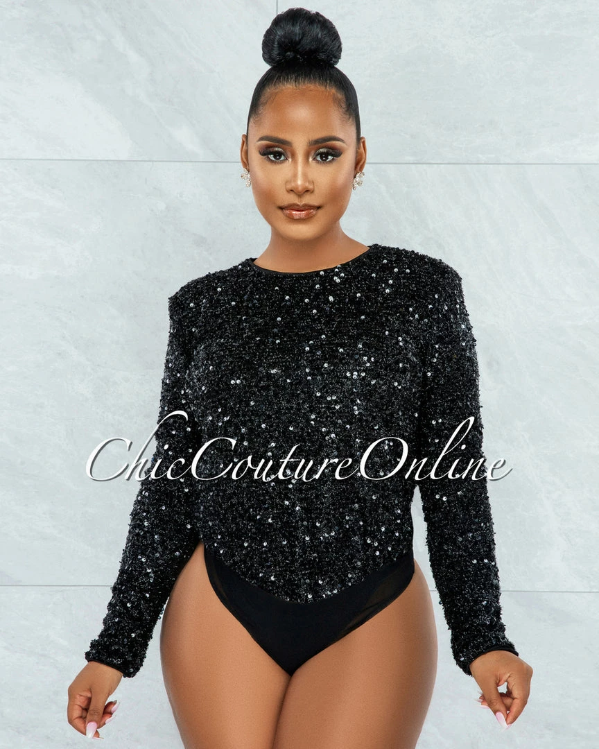 Vendor-unknown Laureen Black Sequins Padded Shoulders Bodysuit JUST IN