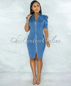 Vendor-unknown JUST IN Manville Medium Denim Puffy Sleeves Dress