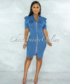 Vendor-unknown JUST IN Manville Medium Denim Puffy Sleeves Dress