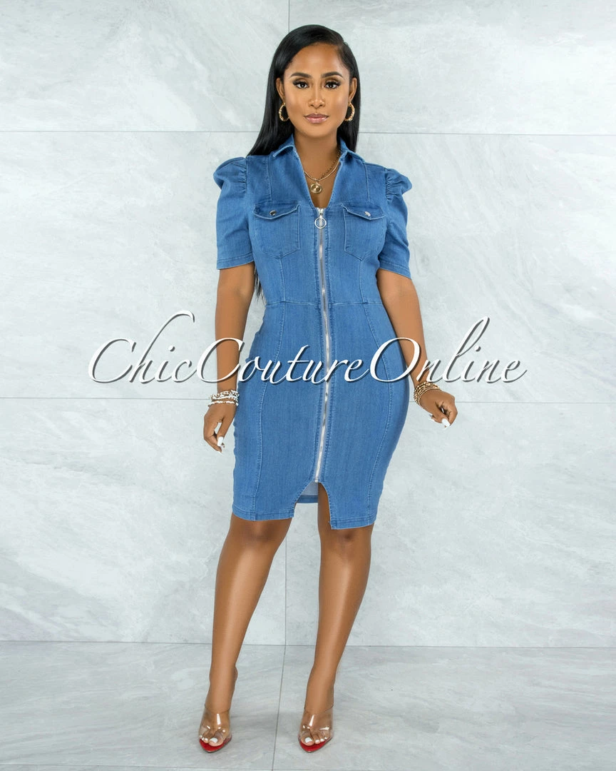 Vendor-unknown JUST IN Manville Medium Denim Puffy Sleeves Dress