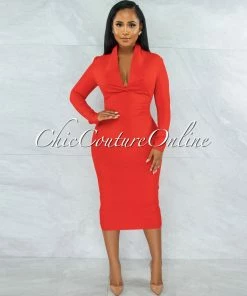 Vendor-unknown Athina Red Draped Details Bandage Midi Dress