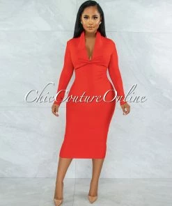 Vendor-unknown Athina Red Draped Details Bandage Midi Dress