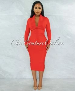 Vendor-unknown Athina Red Draped Details Bandage Midi Dress