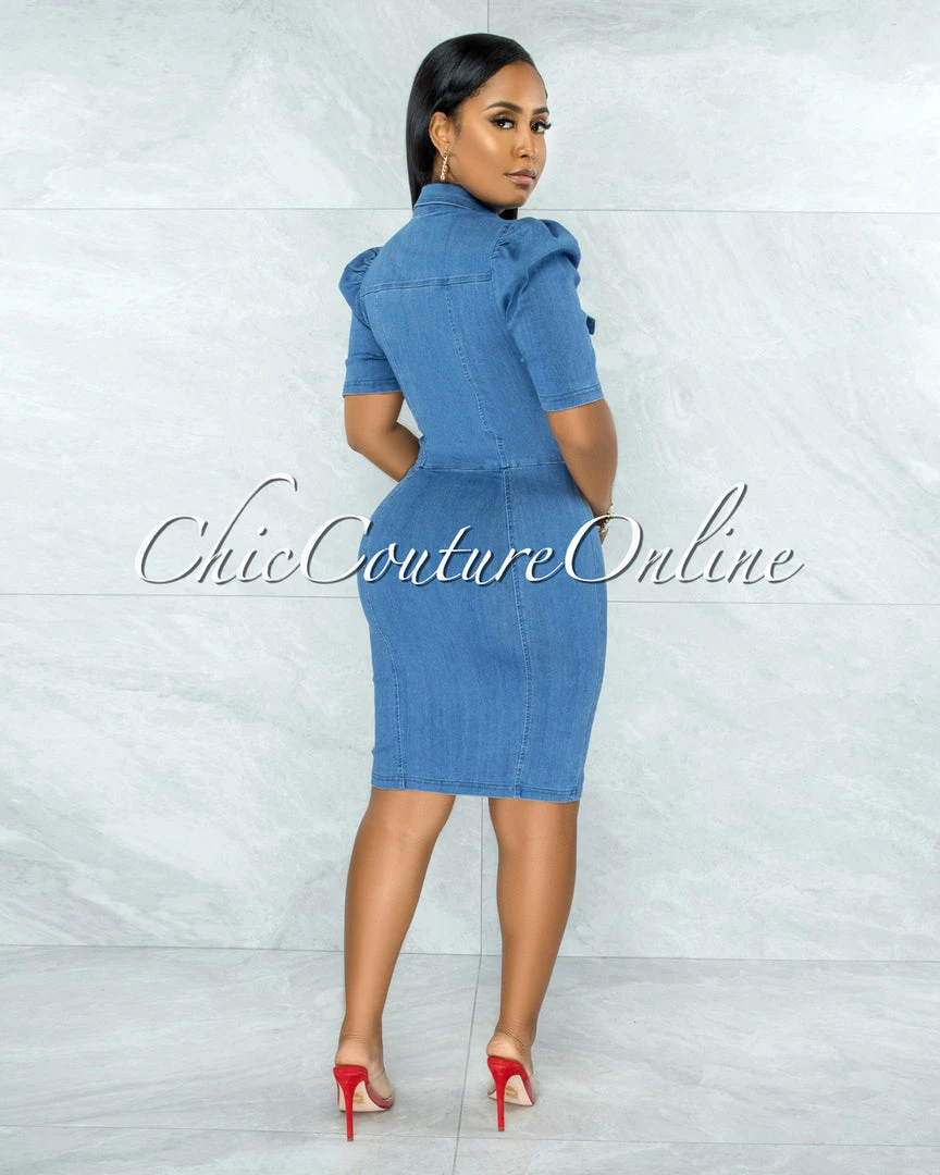 Vendor-unknown JUST IN Manville Medium Denim Puffy Sleeves Dress
