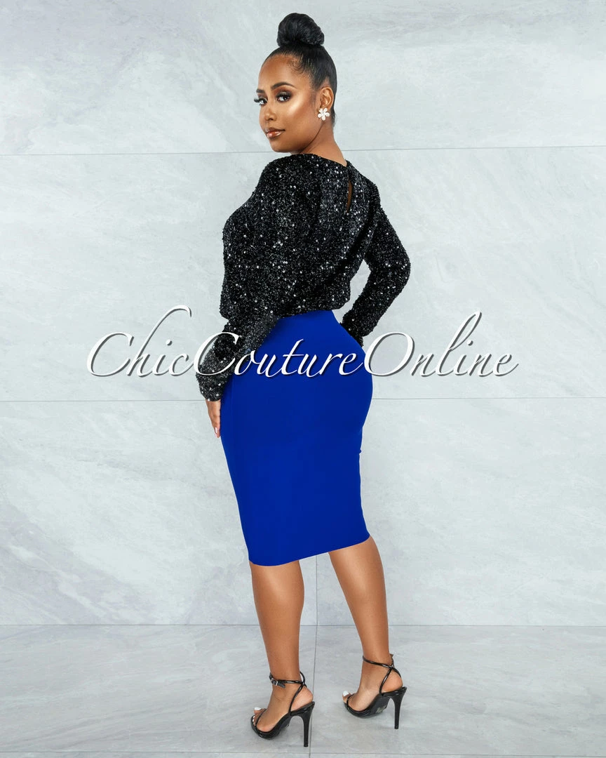 Vendor-unknown Laureen Black Sequins Padded Shoulders Bodysuit JUST IN