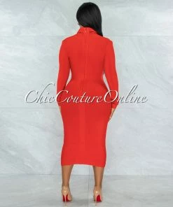 Vendor-unknown Athina Red Draped Details Bandage Midi Dress