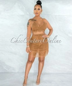Vendor-unknown SWIM Dodge Mocha Crochet Cover-Up Fringe Skirt Set