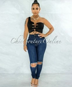 Vendor-unknown Shana Dark Denim High-Waist Destroyed Knee Skinny Jeans