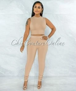 Vendor-unknown Candra Nude Crop Top & Leggings Ribbed Set