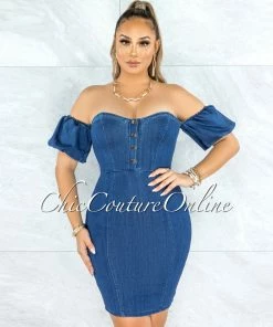 Vendor-unknown Hobson Dark Denim Bubble Sleeves Dress