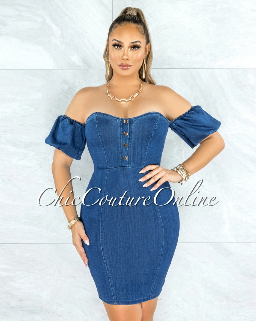 Vendor-unknown Hobson Dark Denim Bubble Sleeves Dress