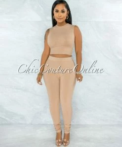 Vendor-unknown Candra Nude Crop Top & Leggings Ribbed Set