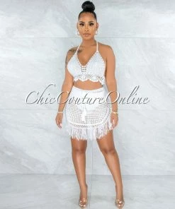 Vendor-unknown SWIM Dodge Off-White Crochet Cover-Up Fringe Skirt Set