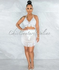 Vendor-unknown SWIM Dodge Off-White Crochet Cover-Up Fringe Skirt Set