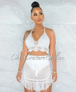 Vendor-unknown SWIM Dodge Off-White Crochet Cover-Up Fringe Skirt Set