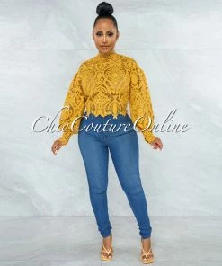 Vendor-unknown Amber Mustard Yellow Long Sleeve Crochet Crop Top JUST IN