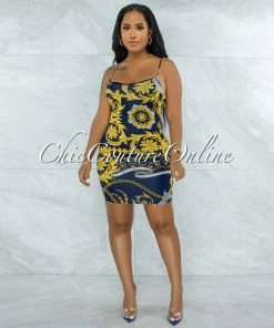 Vendor-unknown Gerodi Navy Blue Gold Print Mini Dress JUST IN