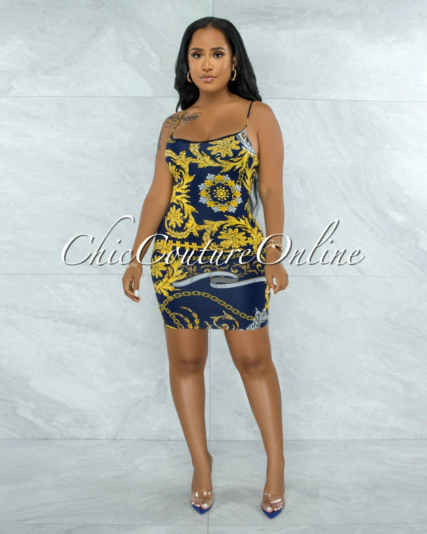 Vendor-unknown Gerodi Navy Blue Gold Print Mini Dress JUST IN