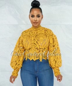 Vendor-unknown Amber Mustard Yellow Long Sleeve Crochet Crop Top JUST IN