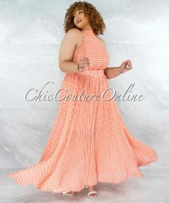 Vendor-unknown CURVY Quella Coral Orange Polka Dots Matching Belt CURVACEOUS Dress