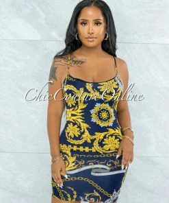 Vendor-unknown Gerodi Navy Blue Gold Print Mini Dress JUST IN