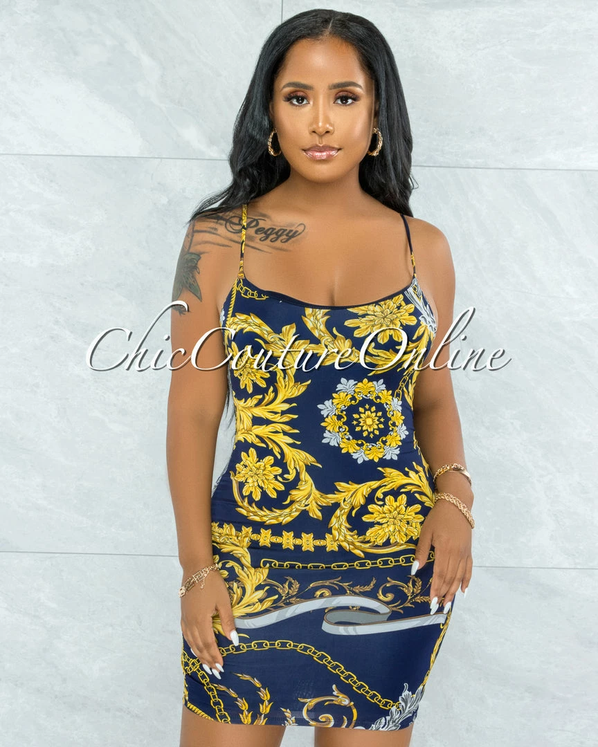 Vendor-unknown Gerodi Navy Blue Gold Print Mini Dress JUST IN