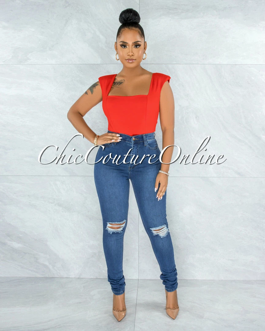 Vendor-unknown Makelina Red Padded Shoulders Bodysuit JUST IN