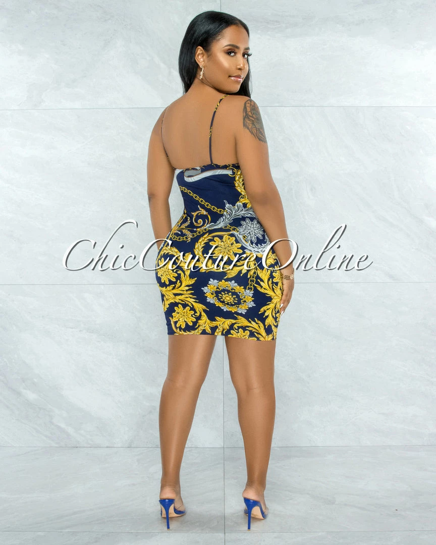 Vendor-unknown Gerodi Navy Blue Gold Print Mini Dress JUST IN