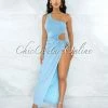 Vendor-unknown JUST IN Dully Baby Blue Side Key-Hole Tie Maxi Ribbed Dress