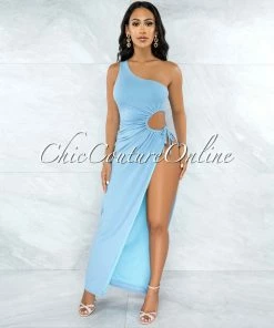 Vendor-unknown JUST IN Dully Baby Blue Side Key-Hole Tie Maxi Ribbed Dress