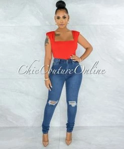 Vendor-unknown Makelina Red Padded Shoulders Bodysuit JUST IN