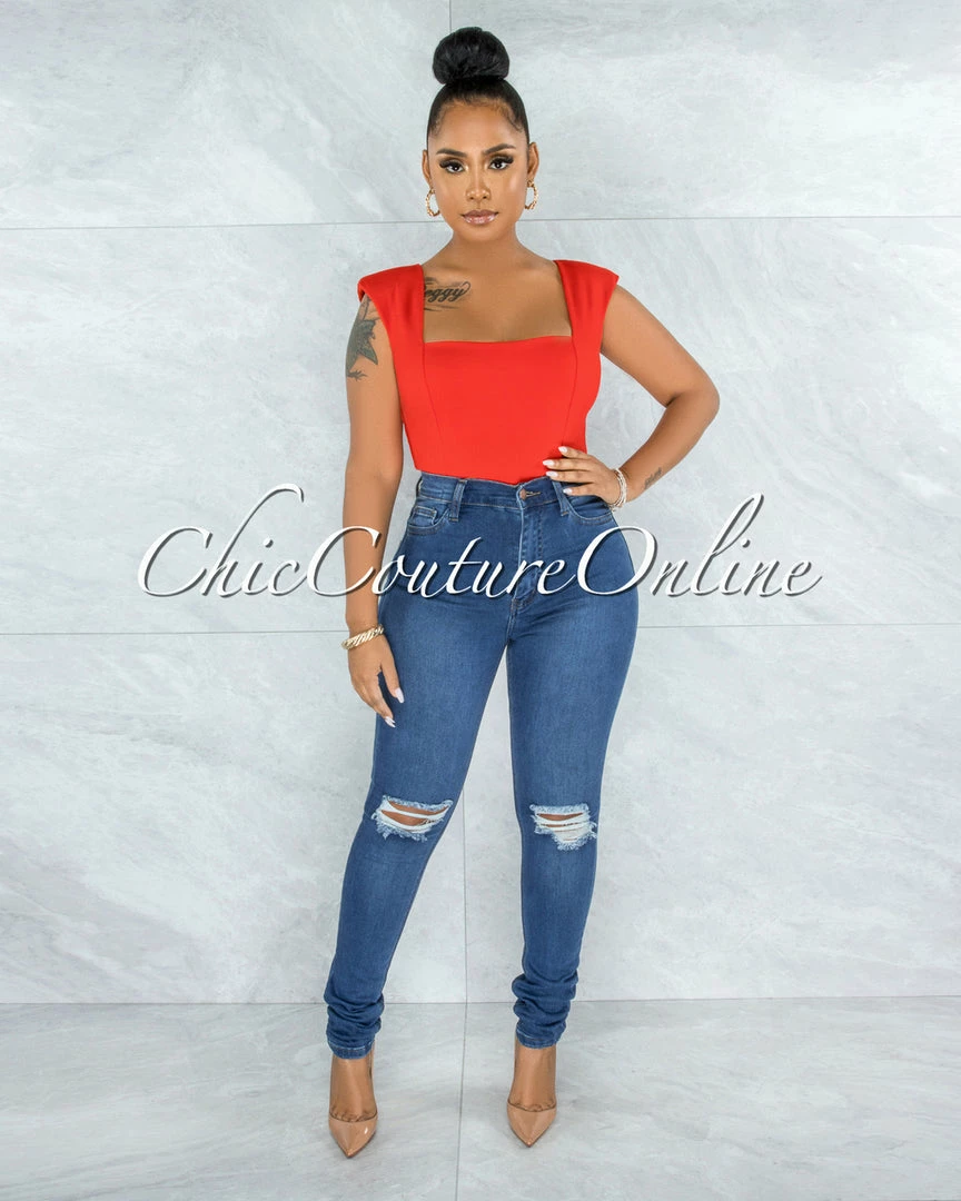 Vendor-unknown Makelina Red Padded Shoulders Bodysuit JUST IN