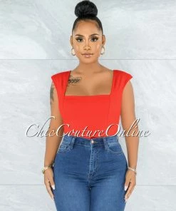 Vendor-unknown Makelina Red Padded Shoulders Bodysuit JUST IN