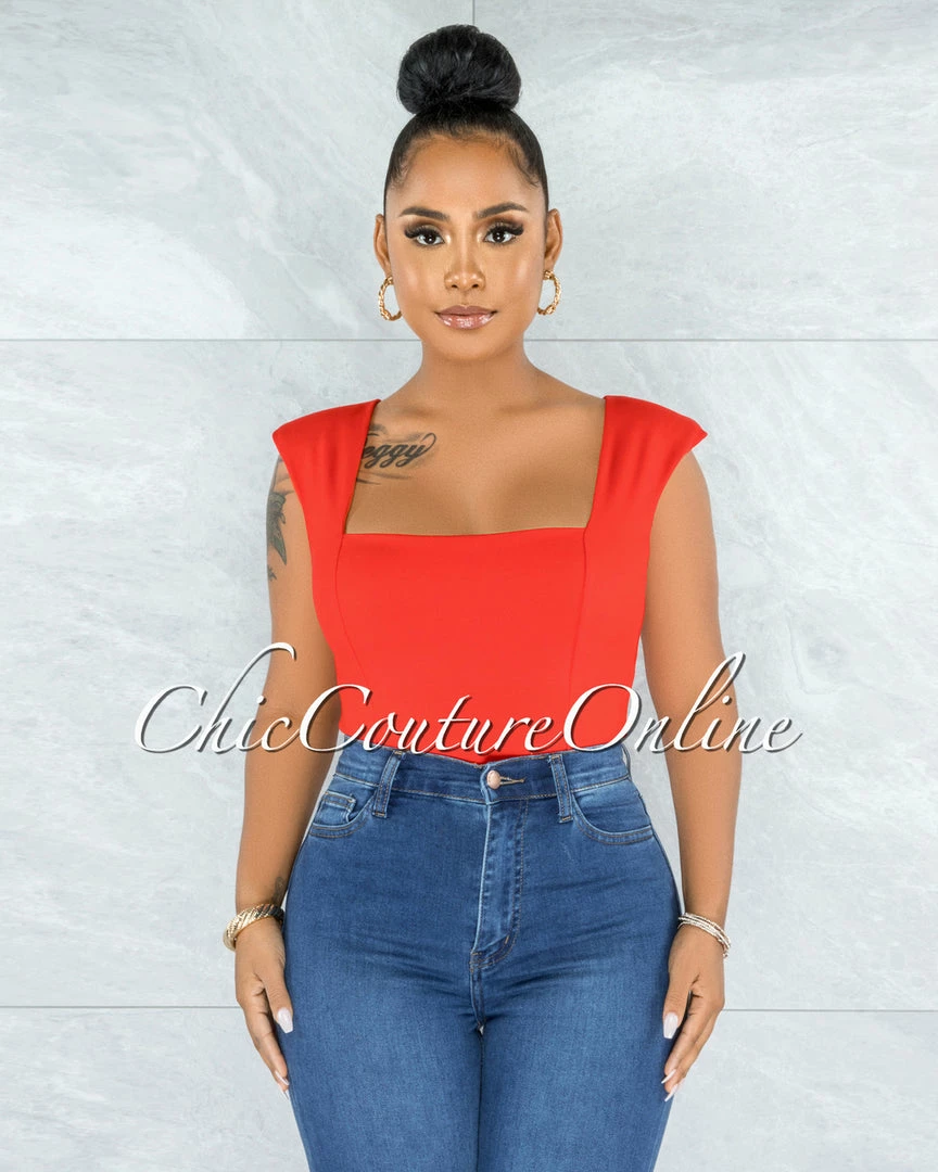 Vendor-unknown Makelina Red Padded Shoulders Bodysuit JUST IN