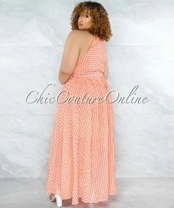 Vendor-unknown CURVY Quella Coral Orange Polka Dots Matching Belt CURVACEOUS Dress