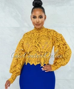 Vendor-unknown Amber Mustard Yellow Long Sleeve Crochet Crop Top JUST IN