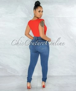 Vendor-unknown Makelina Red Padded Shoulders Bodysuit JUST IN
