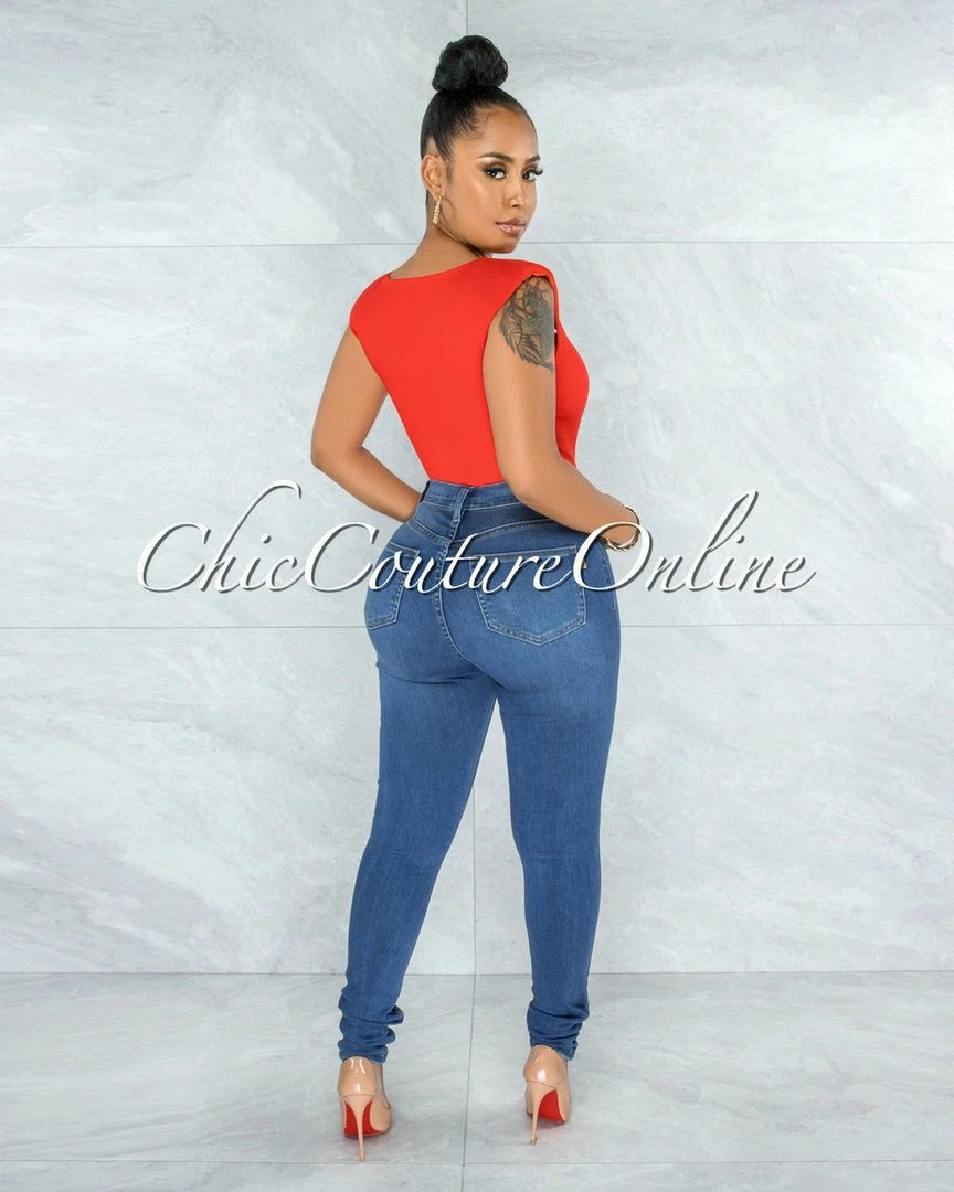 Vendor-unknown Makelina Red Padded Shoulders Bodysuit JUST IN