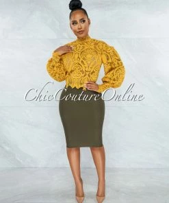 Vendor-unknown Amber Mustard Yellow Long Sleeve Crochet Crop Top JUST IN