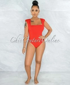 Vendor-unknown Makelina Red Padded Shoulders Bodysuit JUST IN