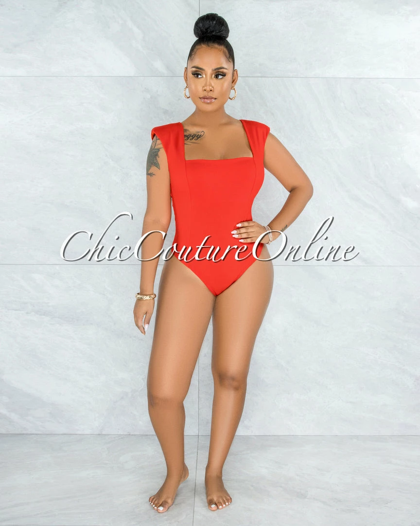 Vendor-unknown Makelina Red Padded Shoulders Bodysuit JUST IN