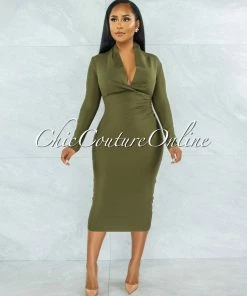 Vendor-unknown Athina Olive Draped Details Bandage Midi Dress