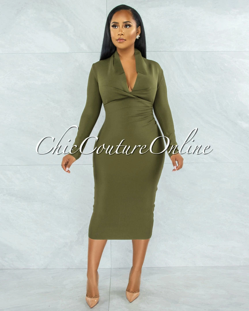 Vendor-unknown Athina Olive Draped Details Bandage Midi Dress
